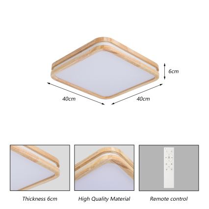 Brilagi - Luminária de teto LED regulável MOLINA SQUARE LED/48W/230V 3000-6000K carvalho 40x40 cm + controlo remoto