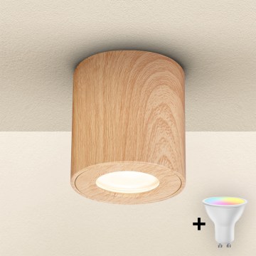 Brilagi - Luminária para casa de banho LED RGBW dimerizável MIA 1xGU10/4,8W/230V 3000K 84x80 mm, acabamento em carvalho, IP44 + controlo remoto