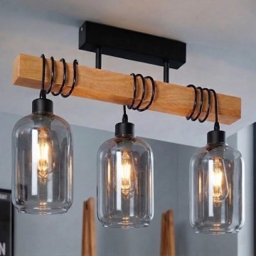 Brilagi - Lustre de sobrepor WOOD GLASS 3xE27/60W/230V pinho/preto/cinzento fumado