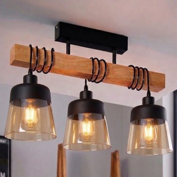 Brilagi - Lustre de sobrepor WOOD GLASS 3xE27/60W/230V pinho/preto/marrom fumê