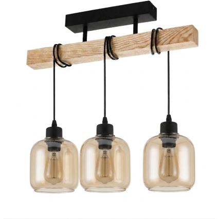 Brilagi - Lustre de teto sobreposto WOOD GLASS 3xE27/60W/230V pinho/preto/castanho fumê