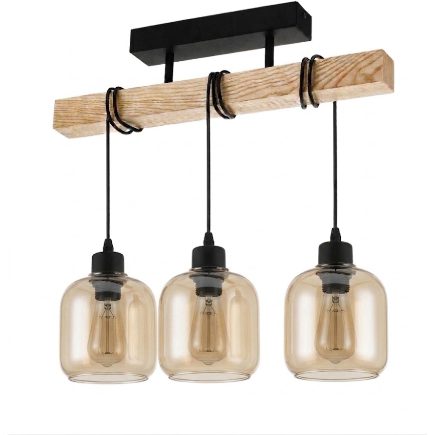 Brilagi - Lustre de teto sobreposto WOOD GLASS 3xE27/60W/230V pinho/preto/castanho fumê