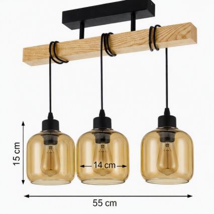 Brilagi - Lustre de teto sobreposto WOOD GLASS 3xE27/60W/230V pinho/preto/castanho fumê