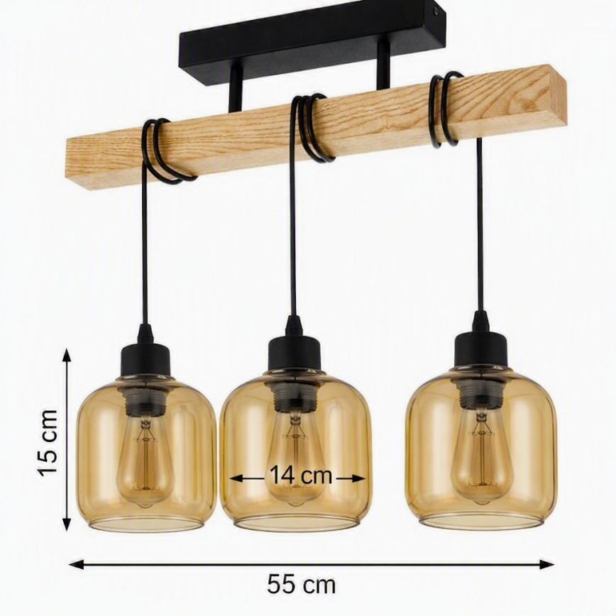 Brilagi - Lustre de teto sobreposto WOOD GLASS 3xE27/60W/230V pinho/preto/castanho fumê