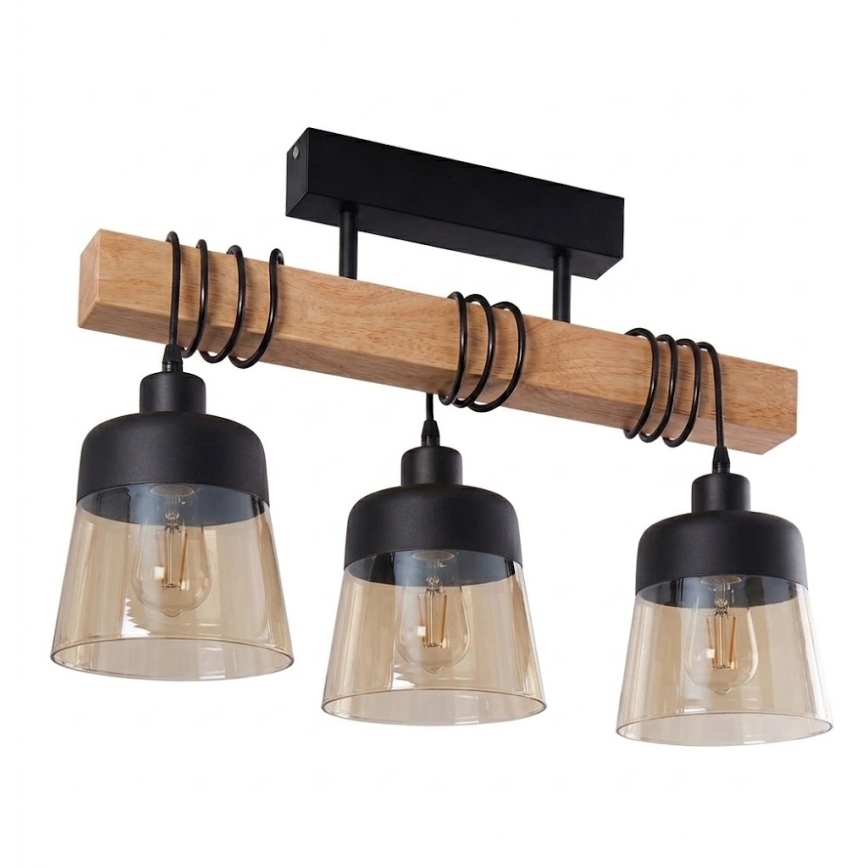 Brilagi - Lustre de sobrepor WOOD GLASS 3xE27/60W/230V pinho/preto/marrom fumê