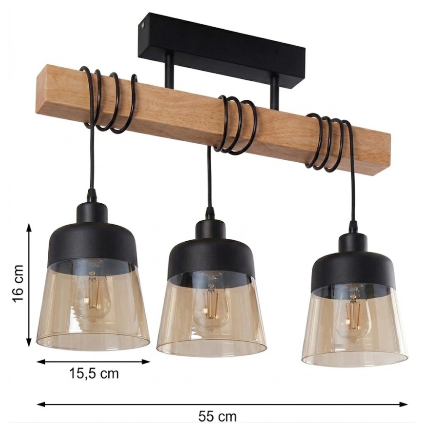Brilagi - Lustre de sobrepor WOOD GLASS 3xE27/60W/230V pinho/preto/marrom fumê