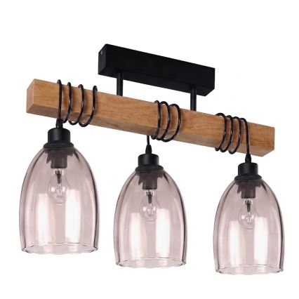 Brilagi - Lustre de tecto de montagem superficial WOOD GLASS 3xE27/60W/230V pinho/preto/bege fumado