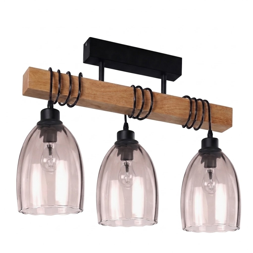 Brilagi - Lustre de tecto de montagem superficial WOOD GLASS 3xE27/60W/230V pinho/preto/bege fumado