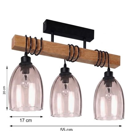 Brilagi - Lustre de tecto de montagem superficial WOOD GLASS 3xE27/60W/230V pinho/preto/bege fumado