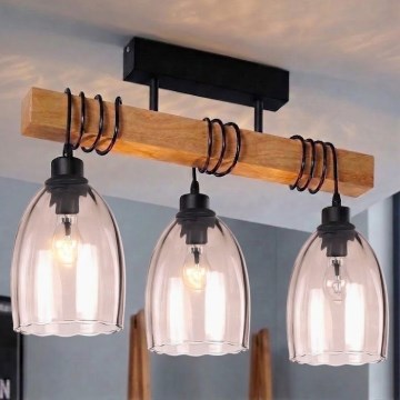 Brilagi - Lustre de tecto de montagem superficial WOOD GLASS 3xE27/60W/230V pinho/preto/bege fumado