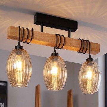 Brilagi - Lustre de tecto de montagem superficial WOOD GLASS 3xE27/60W/230V pinho/preto/bege fumado