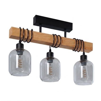 Brilagi - Lustre de sobrepor WOOD GLASS 3xE27/60W/230V pinho/preto/cinza fumê
