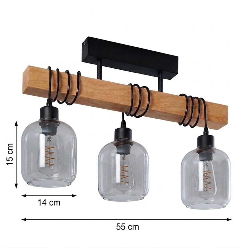 Brilagi - Lustre de sobrepor WOOD GLASS 3xE27/60W/230V pinho/preto/cinza fumê