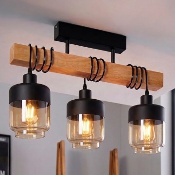 Brilagi - Lustre de tecto fixo WOOD GLASS 3xE27/60W/230V pinho/preto/castanho fumado