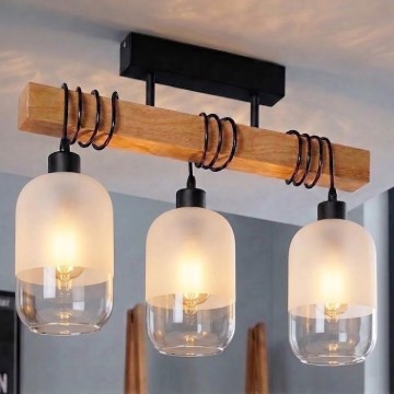 Brilagi - Lustre de tecto sobreposto WOOD GLASS 3xE27/60W/230V pinho/preto/branco