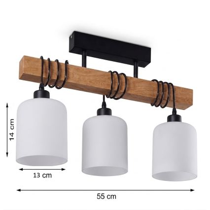 Brilagi - Lustre de teto de montagem superficial WOOD GLASS 3xE27/60W/230V pinho/preto/branco