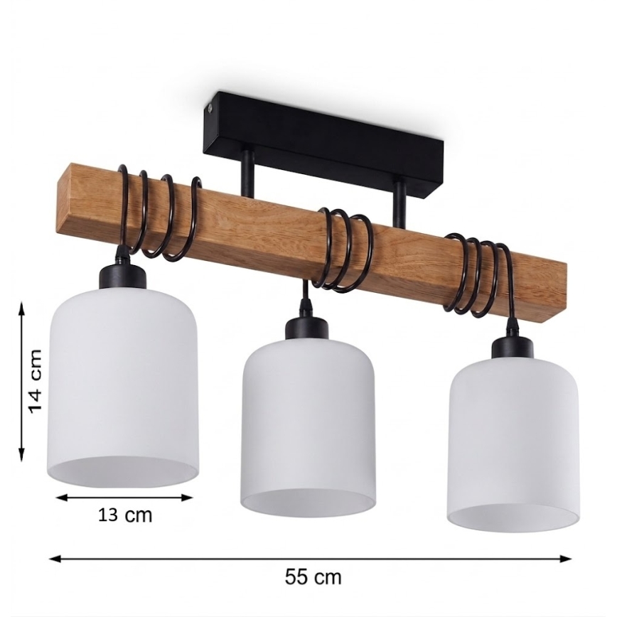 Brilagi - Lustre de teto de montagem superficial WOOD GLASS 3xE27/60W/230V pinho/preto/branco