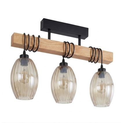 Brilagi - Lustre de tecto de montagem superficial WOOD GLASS 3xE27/60W/230V pinho/preto/bege fumado