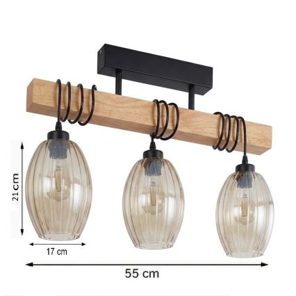 Brilagi - Lustre de tecto de montagem superficial WOOD GLASS 3xE27/60W/230V pinho/preto/bege fumado