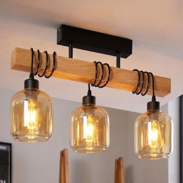 Brilagi - Lustre de teto sobreposto WOOD GLASS 3xE27/60W/230V pinho/preto/castanho fumê
