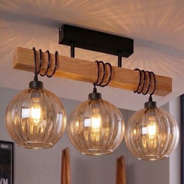 Brilagi - Lustre de teto sobreposto WOOD GLASS 3xE27/60W/230V pinho/preto/marrom fumê