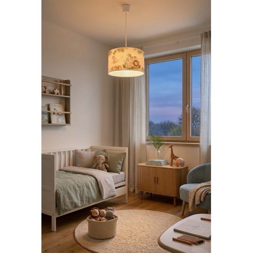 Brilagi - Lustre infantil LED suspenso por cabo BOBO 1xE27/60W/230V Ø 35 cm branco/estampa selva