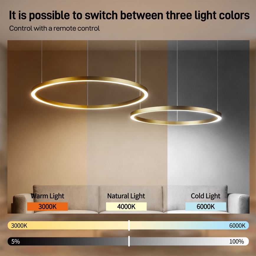 Brilagi - Lustre pendente LED regulável em cabo PORTOFINO LED/98W/230V 3000-6000K dourado + comando remoto