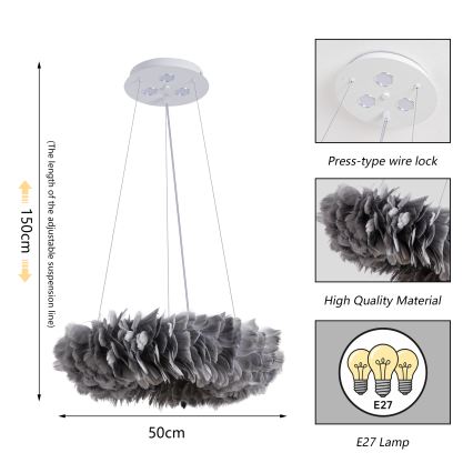 Brilagi - Lustre LED FEATHER suspenso em cabo 3xE27/40W/230V + 3xLED/3W Ø 50 cm cinzento