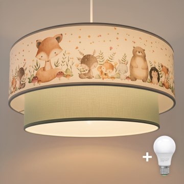 Brilagi - Lustre LED infantil suspenso por cabo BOBO 1xE27/60W/230V Ø 40 cm branco/verde/estampa de animais