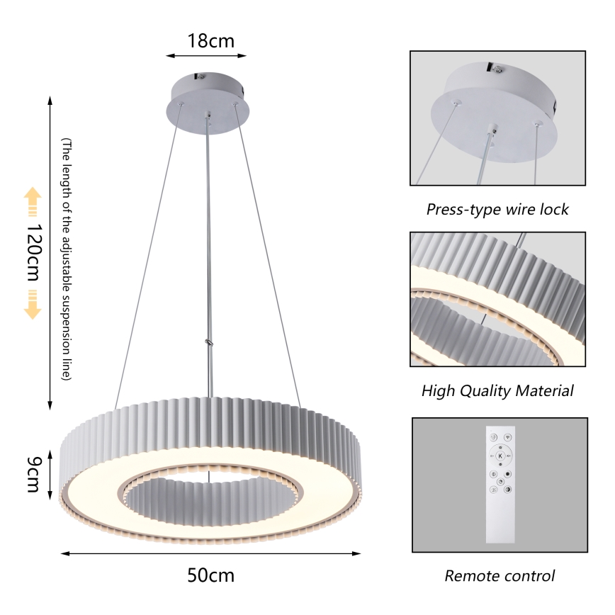 Brilagi - Lustre LED dimerizável suspenso por cabo LUMIX LED/48W/230V 3000-6000K branco Ø 50 cm + controlo remoto