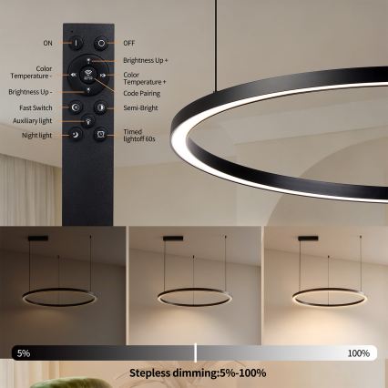 Brilagi - Lustre LED dimerizável suspenso por cabo PORTOFINO LED/60W/230V 3000-6000K Ø 80 cm preto + controlo remoto