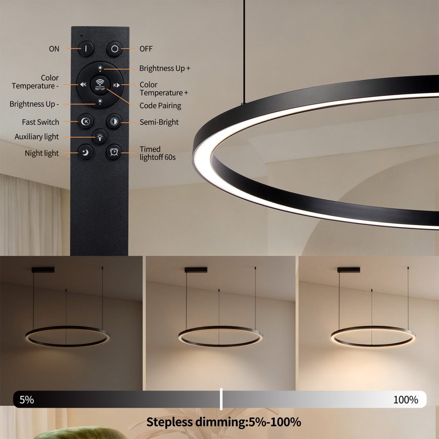 Brilagi - Lustre LED dimerizável suspenso por cabo PORTOFINO LED/60W/230V 3000-6000K Ø 80 cm preto + controlo remoto