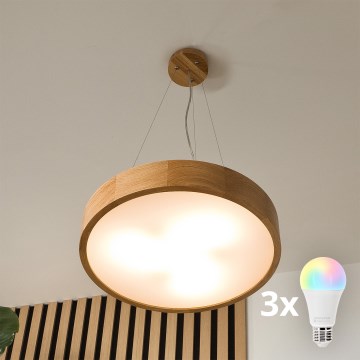 BRILAGI - Lustre LED RGBW dimerizável CARVALHO 3xE27/12W/230V Wi-Fi, acabamento carvalho, Ø 47,5 cm
