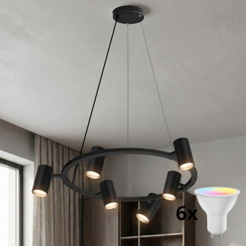 Brilagi - Lustre LED RGBW regulável suspenso por cabo SELE 6xGU10/6,5W/230V 2700-6500K preto + comando remoto