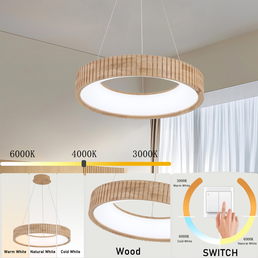 Brilagi - Lustre LED suspenso por cabo FALCON WOOD MODERN LED/30W/230V 3000/4000/6000K diâmetro 45 cm madeira