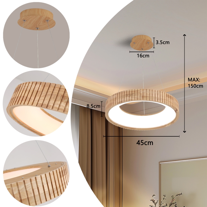 Brilagi - Lustre LED suspenso por cabo FALCON WOOD MODERN LED/30W/230V 3000/4000/6000K diâmetro 45 cm madeira