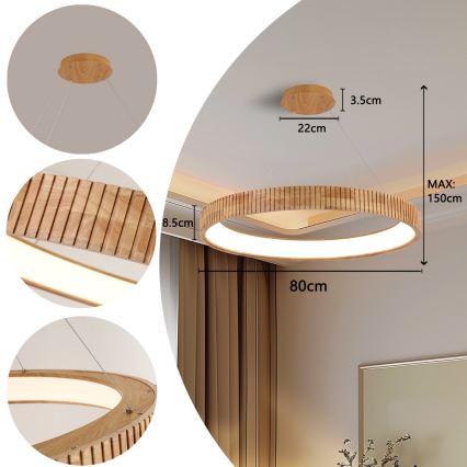 Brilagi - Lustre LED suspenso por cabo FALCON WOOD MODERN LED/60W/230V 3000/4000/6000K diâmetro 80 cm madeira