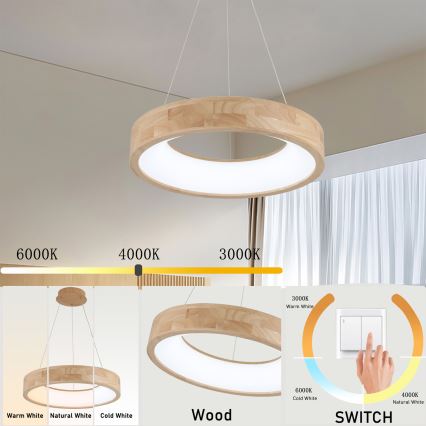 Brilagi - Lustre LED suspenso em cabo FALCON WOOD LED/30W/230V 3000/4000/6000K, diâmetro 45 cm, madeira