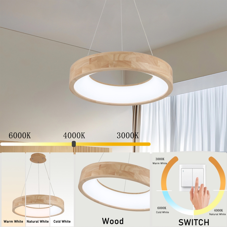 Brilagi - Lustre LED suspenso em cabo FALCON WOOD LED/30W/230V 3000/4000/6000K, diâmetro 45 cm, madeira