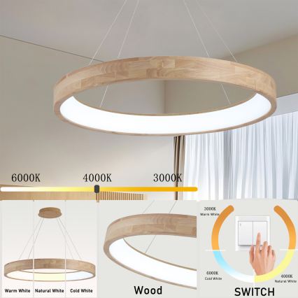 Brilagi - Lustre LED suspenso por cabo FALCON WOOD LED/60W/230V 3000/4000/6000K Ø 80 cm, acabamento em madeira