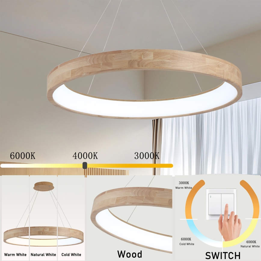 Brilagi - Lustre LED suspenso por cabo FALCON WOOD LED/60W/230V 3000/4000/6000K Ø 80 cm, acabamento em madeira