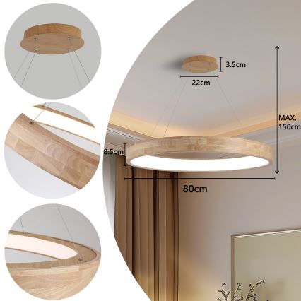 Brilagi - Lustre LED suspenso por cabo FALCON WOOD LED/60W/230V 3000/4000/6000K Ø 80 cm, acabamento em madeira
