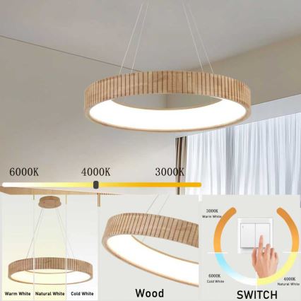 Brilagi - Lustre LED suspenso por cabo FALCON WOOD MODERN LED/40W/230V 3000/4000/6000K Ø 60 cm madeira