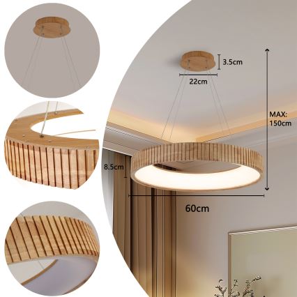 Brilagi - Lustre LED suspenso por cabo FALCON WOOD MODERN LED/40W/230V 3000/4000/6000K Ø 60 cm madeira
