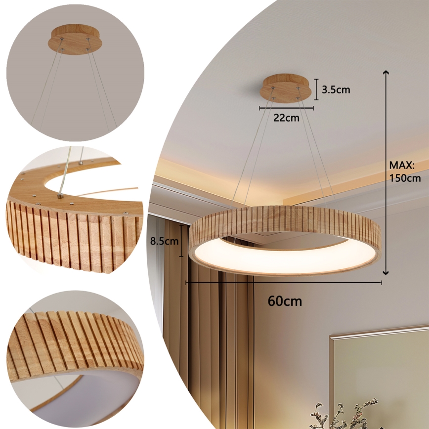 Brilagi - Lustre LED suspenso por cabo FALCON WOOD MODERN LED/40W/230V 3000/4000/6000K Ø 60 cm madeira