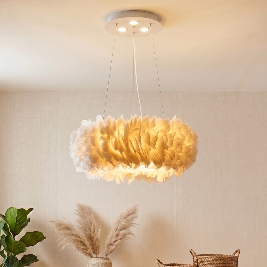 Brilagi - Lustre LED suspenso por cabo FEATHER 3x E27/40W/230V + 3x LED/3W Ø 50 cm branco