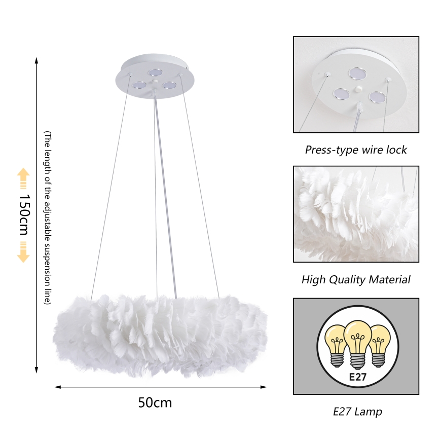 Brilagi - Lustre LED suspenso por cabo FEATHER 3x E27/40W/230V + 3x LED/3W Ø 50 cm branco