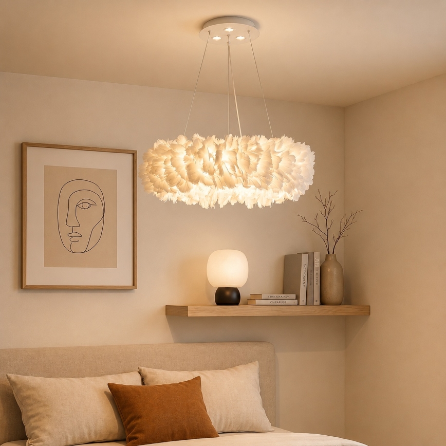 Brilagi - Lustre LED suspenso por cabo FEATHER 3xE27/40W/230V + 3xLED/3W Ø 40 cm branco