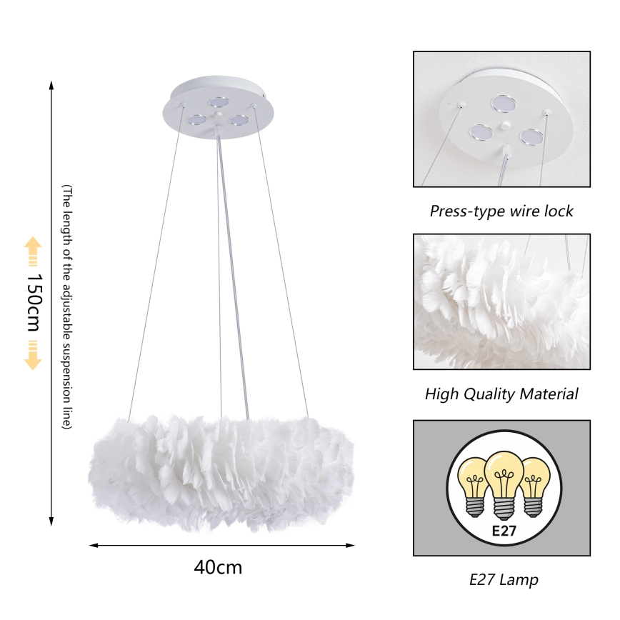 Brilagi - Lustre LED suspenso por cabo FEATHER 3xE27/40W/230V + 3xLED/3W Ø 40 cm branco