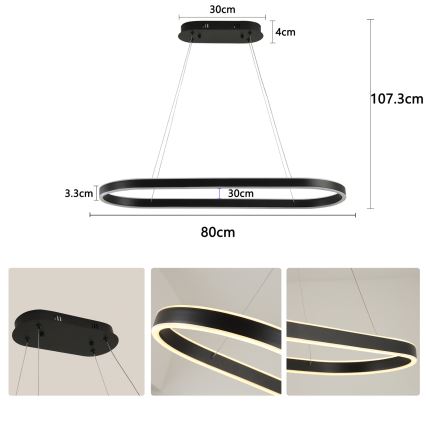 Brilagi - Lustre LED suspenso por cabo PONDIE LED/43W/230V 80x30 cm preto